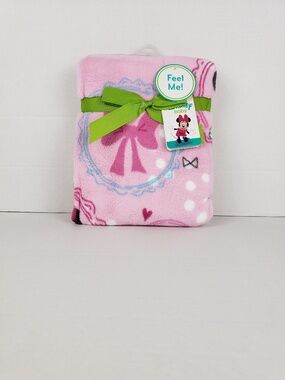 Disney Baby Pink Minnie Mouse Blanket Bows Aqua Heart Soft Plush Cameo
